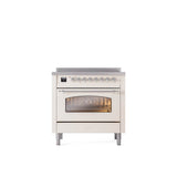 ILVE - 36'' Nostalgie II Series Freestanding Electric Induction Range - Antique White - Chrome trim - Chrome
