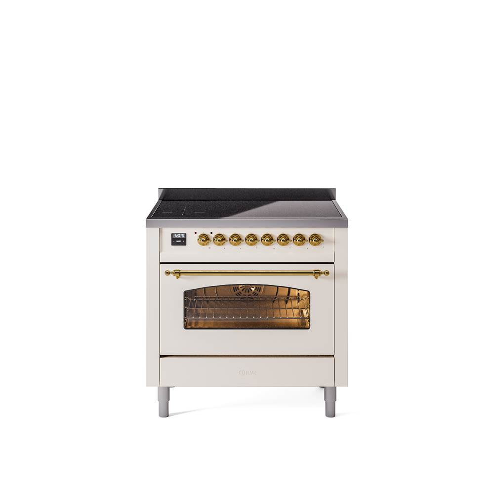 36'' Nostalgie II Series Freestanding Electric Induction Range - Antique White - Bronze trim