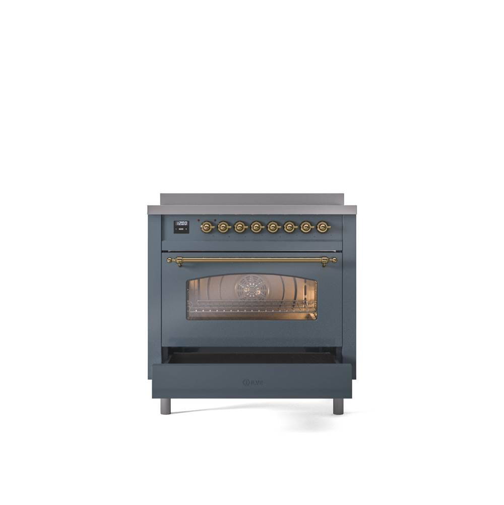 36'' Nostalgie II Series Freestanding Electric Induction Range - Blue Grey - Bronze trim