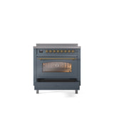 36'' Nostalgie II Series Freestanding Electric Induction Range - Blue Grey - Bronze trim