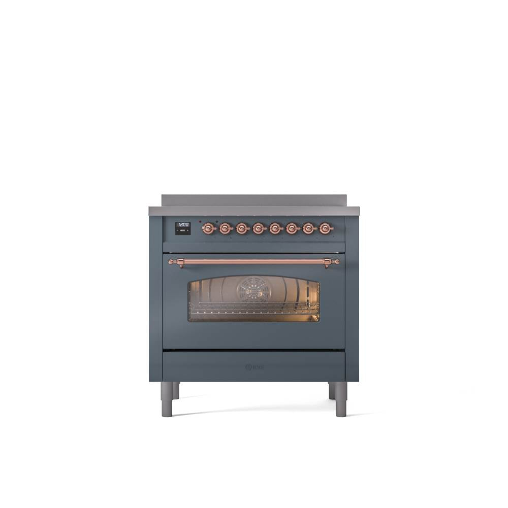 ILVE - 36'' Nostalgie II Series Freestanding Electric Induction Range - Blue Grey - Copper trim - Copper