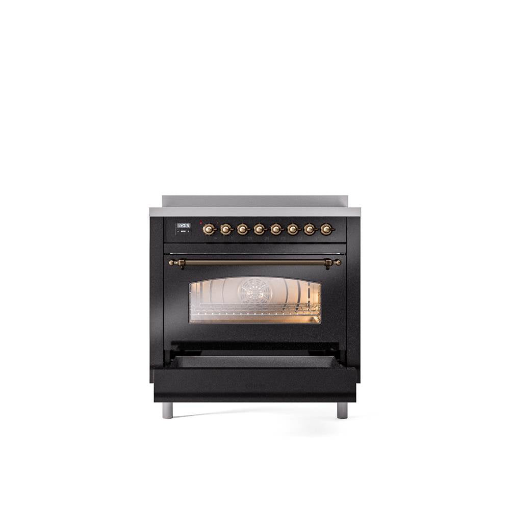 36'' Nostalgie II Series Freestanding Electric Induction Range - Glossy Black - Bronze trim