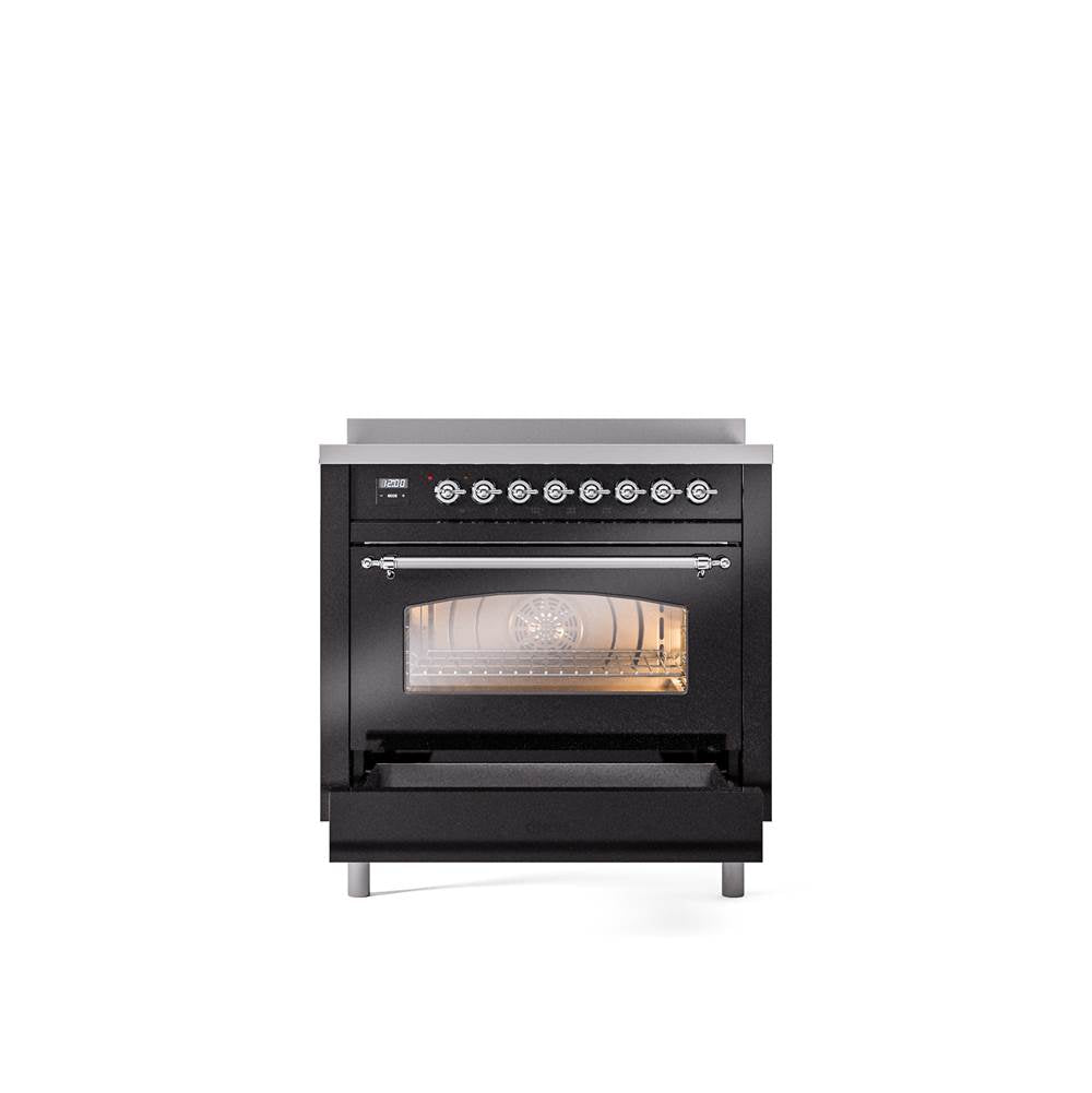 36'' Nostalgie II Series Freestanding Electric Induction Range - Glossy Black - Bronze trim
