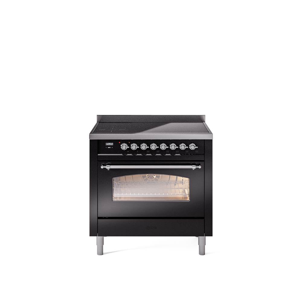 36'' Nostalgie II Series Freestanding Electric Induction Range - Glossy Black - Bronze trim