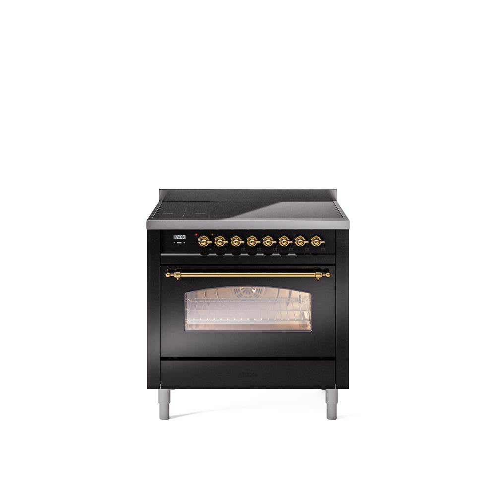 36'' Nostalgie II Series Freestanding Electric Induction Range - Glossy Black - Bronze trim