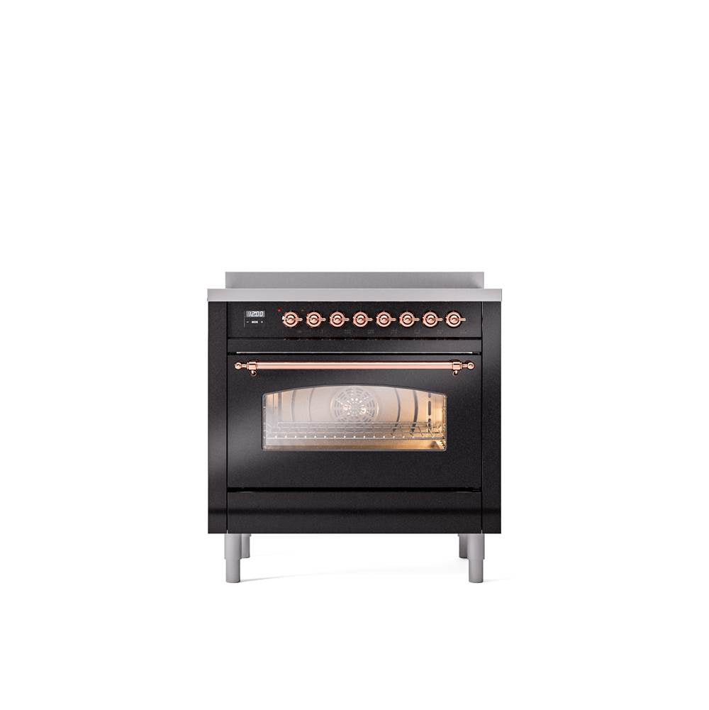 ILVE - 36'' Nostalgie II Series Freestanding Electric Induction Range - Glossy Black - Copper trim - Copper
