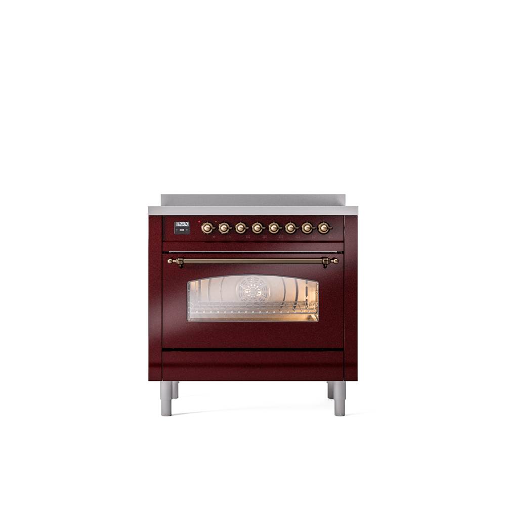 ILVE - 36'' Nostalgie II Series Freestanding Electric Induction Range - Burgundy - Bronze trim - Bronze