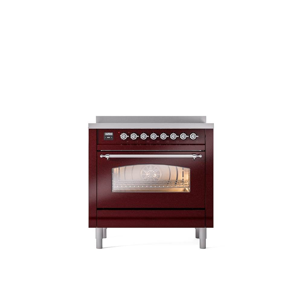 ILVE - 36'' Nostalgie II Series Freestanding Electric Induction Range - Burgundy - Chrome trim - Chrome