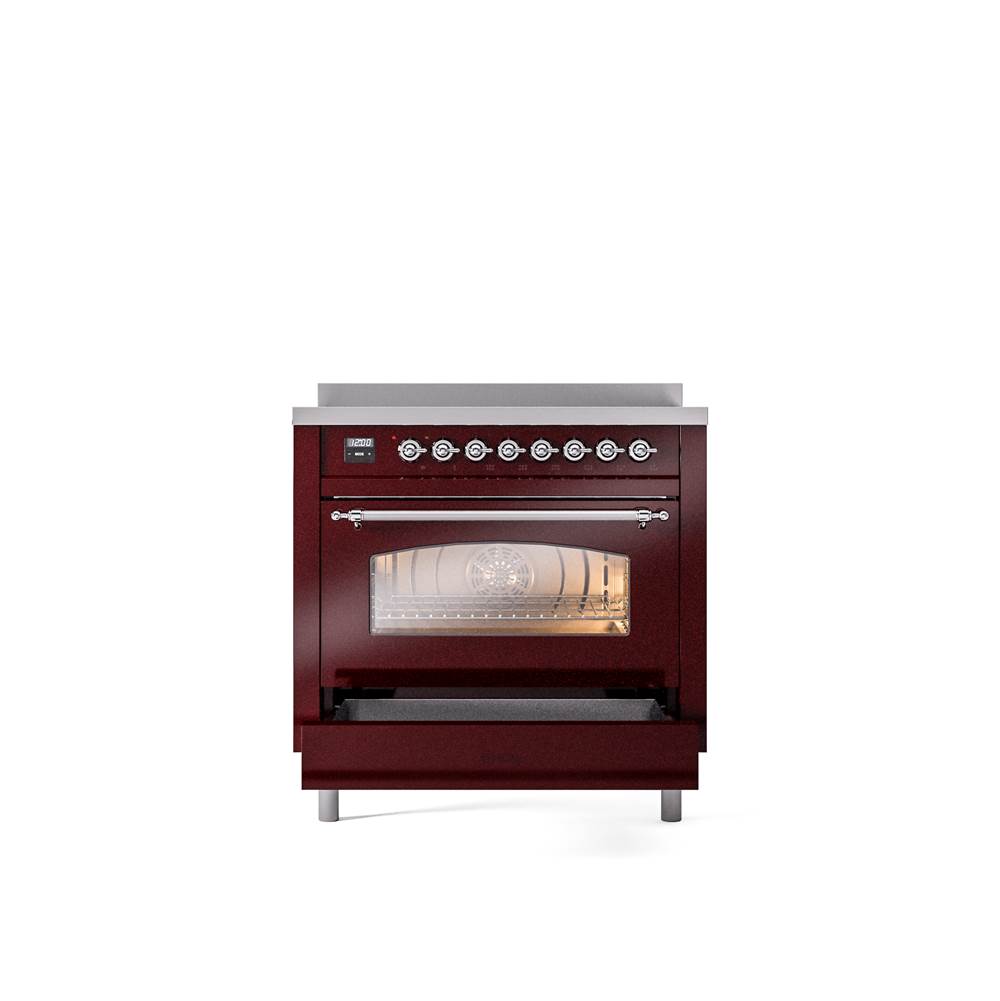 36'' Nostalgie II Series Freestanding Electric Induction Range - Burgundy - Bronze trim