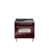 36'' Nostalgie II Series Freestanding Electric Induction Range - Burgundy - Bronze trim