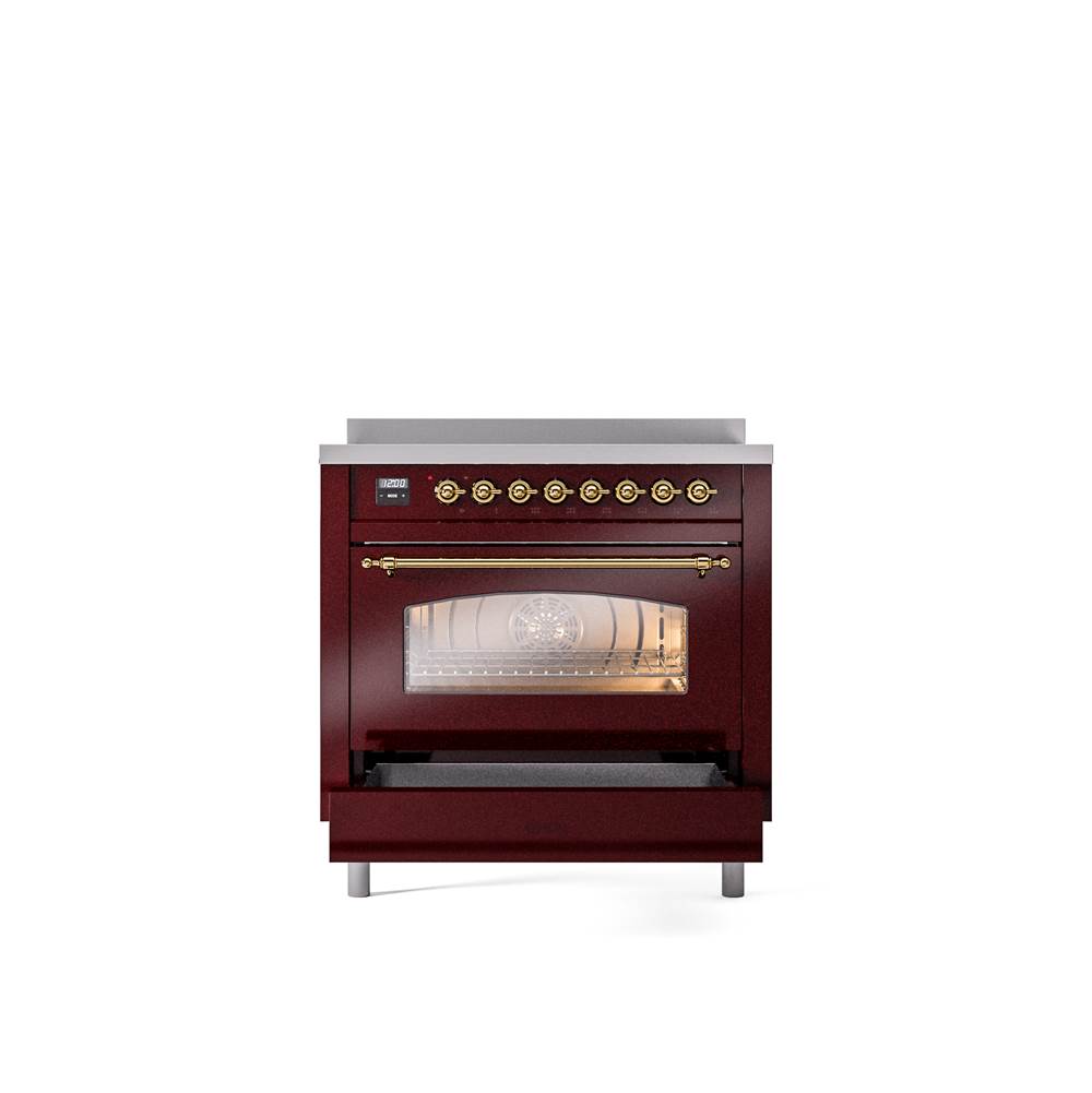 36'' Nostalgie II Series Freestanding Electric Induction Range - Burgundy - Bronze trim