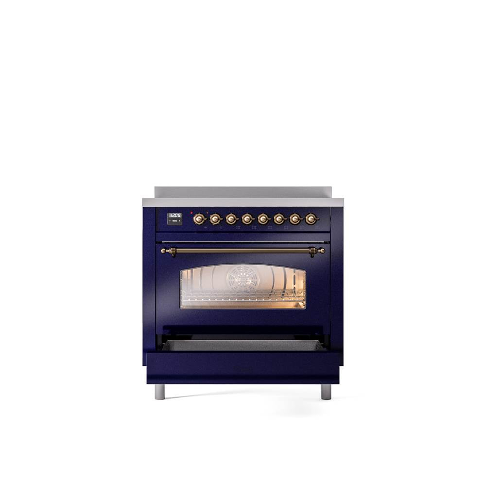 36'' Nostalgie II Series Freestanding Electric Induction Range - Midnight Blue - Bronze trim