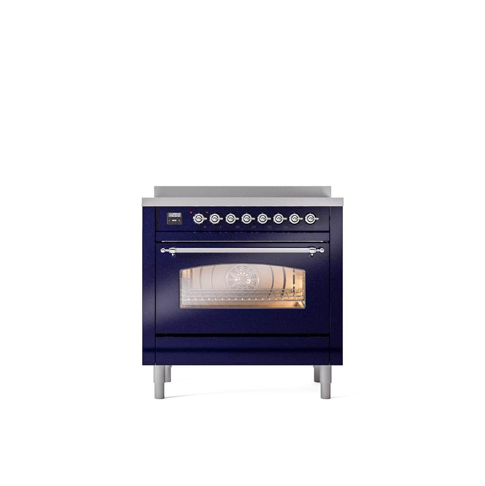 ILVE - 36'' Nostalgie II Series Freestanding Electric Induction Range - Midnight Blue - Chrome trim - Chrome