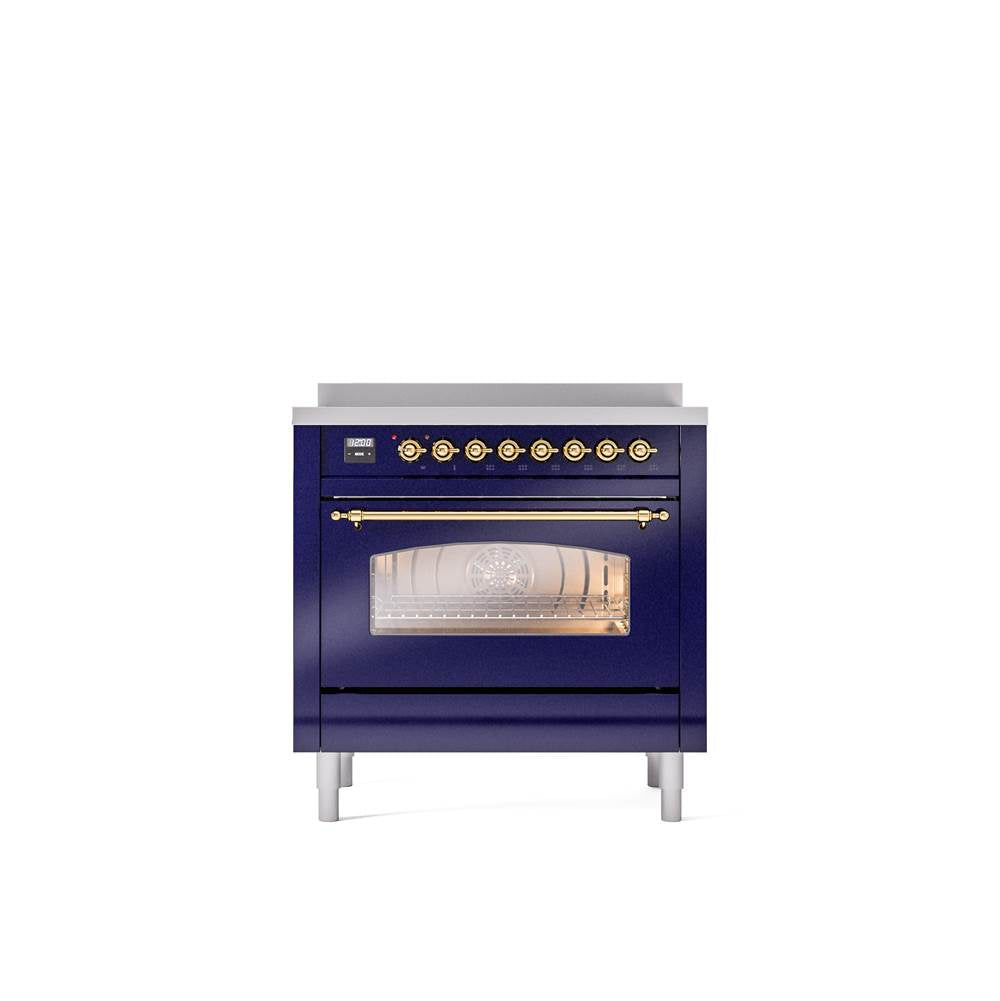 ILVE - 36'' Nostalgie II Series Freestanding Electric Induction Range - Blue Grey - Brass trim - Brass