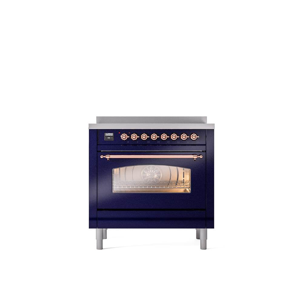 ILVE - 36'' Nostalgie II Series Freestanding Electric Induction Range - Midnight Blue - Copper trim - Copper