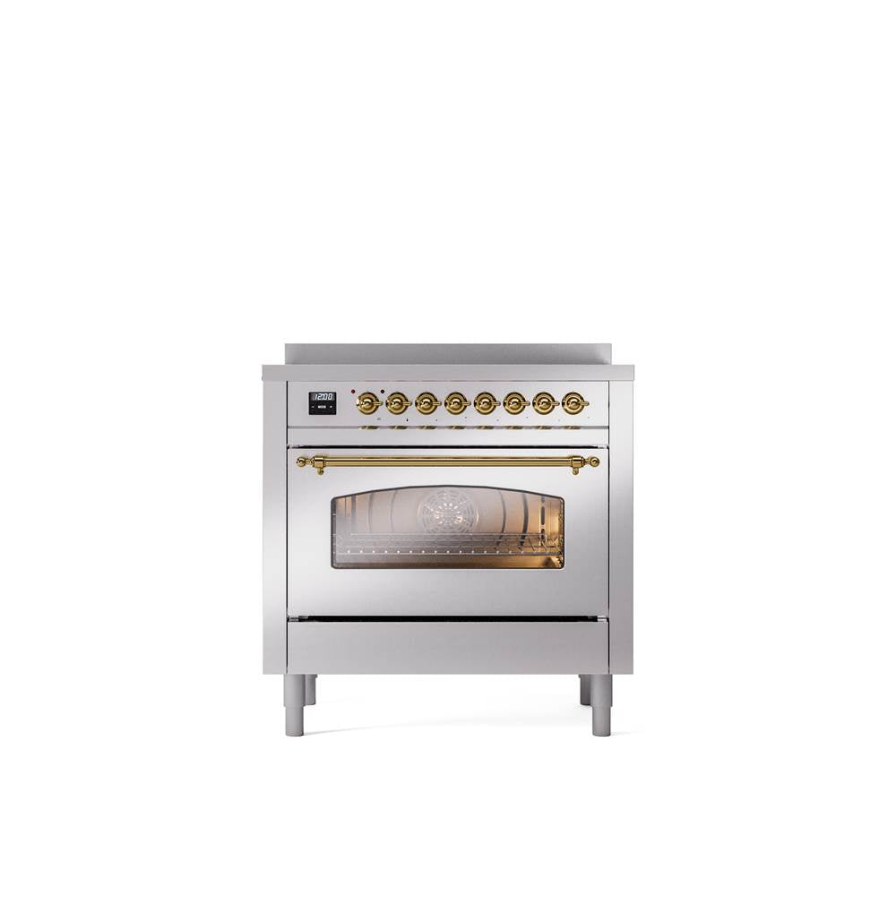 ILVE - 36'' Nostalgie II Series Freestanding Electric Induction Range - Stainless Steel - Brass trim - Brass