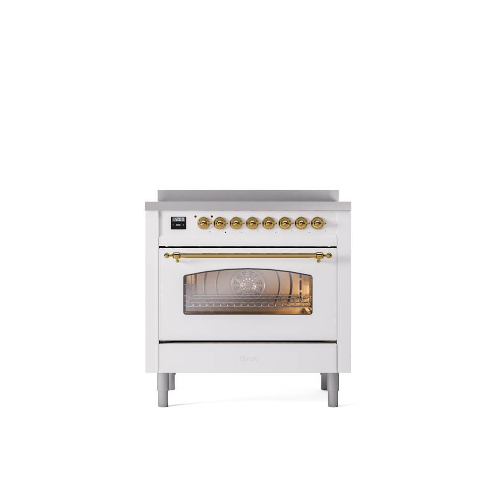 ILVE - 36'' Nostalgie II Series Freestanding Electric Induction Range - White - Brass trim - Brass