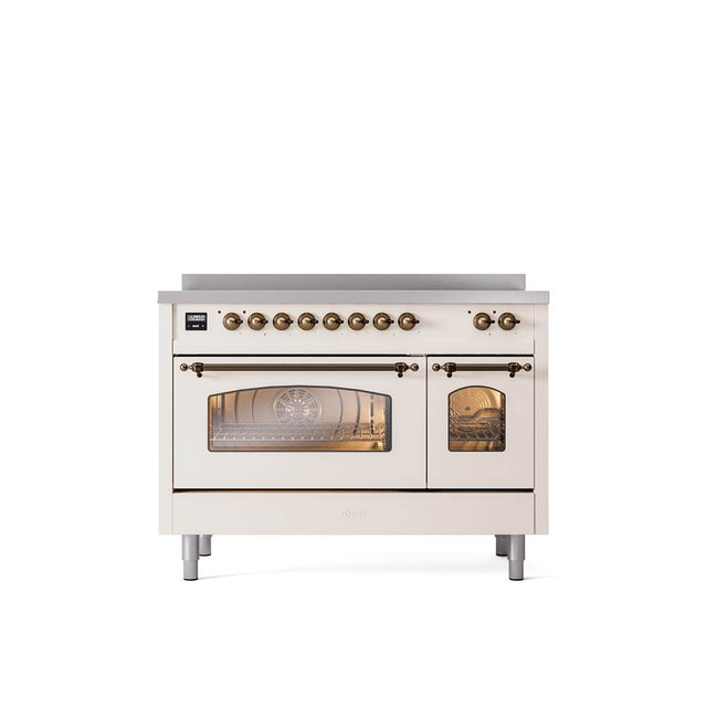 ILVE - 48'' Nostalgie II Series Freestanding Electric Induction Range - Double Oven - Antique White - Bronze trim - Bronze