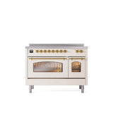 ILVE - 48'' Nostalgie II Series Freestanding Electric Induction Range - Double Oven - Antique White - Brass trim - Brass