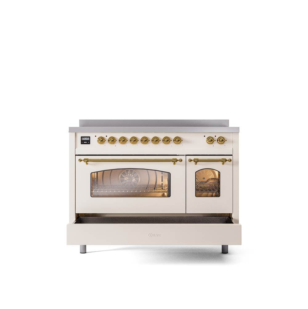 48'' Nostalgie II Series Freestanding Electric Induction Range - Double Oven - Antique White - Bronze trim