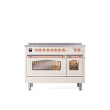 ILVE - 48'' Nostalgie II Series Freestanding Electric Induction Range - Double Oven - Antique White - Copper trim - Copper