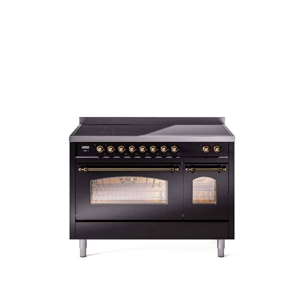 48'' Nostalgie II Series Freestanding Electric Induction Range - Double Oven - Glossy Black - Bronze trim