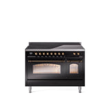 48'' Nostalgie II Series Freestanding Electric Induction Range - Double Oven - Glossy Black - Bronze trim