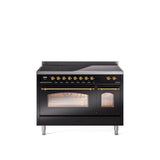 48'' Nostalgie II Series Freestanding Electric Induction Range - Double Oven - Glossy Black - Bronze trim