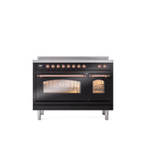 ILVE - 48'' Nostalgie II Series Freestanding Electric Induction Range - Double Oven - Glossy Black - Copper trim - Copper