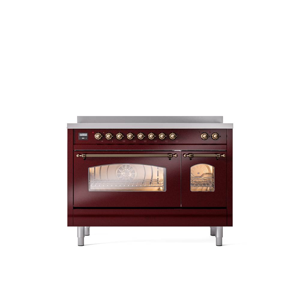ILVE - 48'' Nostalgie II Series Freestanding Electric Induction Range - Double Oven - Burgundy - Bronze trim - Bronze