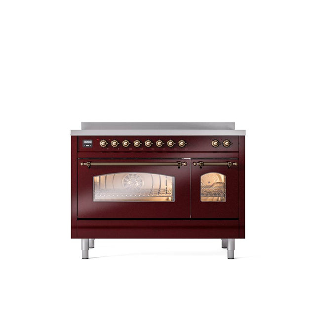 ILVE - 48'' Nostalgie II Series Freestanding Electric Induction Range - Double Oven - Burgundy - Bronze trim - Bronze