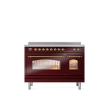 ILVE - 48'' Nostalgie II Series Freestanding Electric Induction Range - Double Oven - Burgundy - Brass trim - Brass