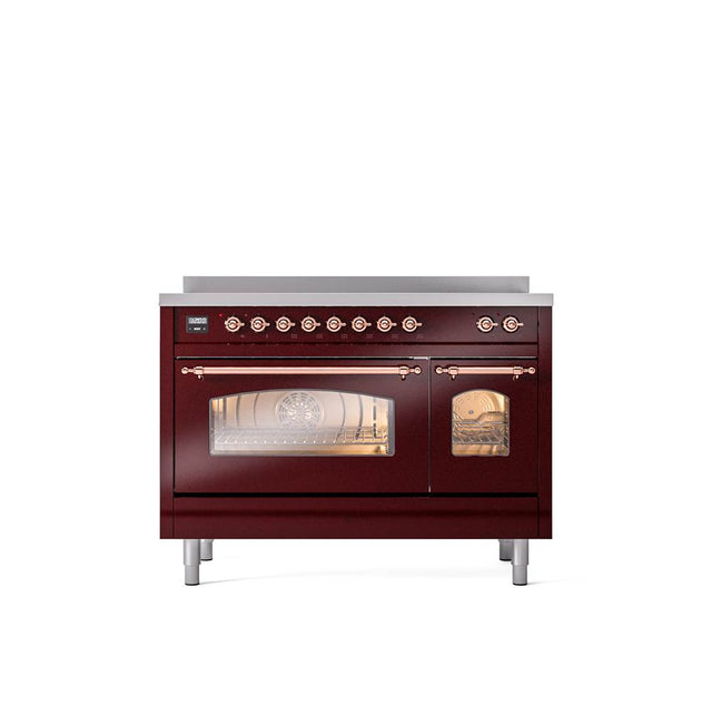 ILVE - 48'' Nostalgie II Series Freestanding Electric Induction Range - Double Oven - Burgundy - Copper trim - Copper