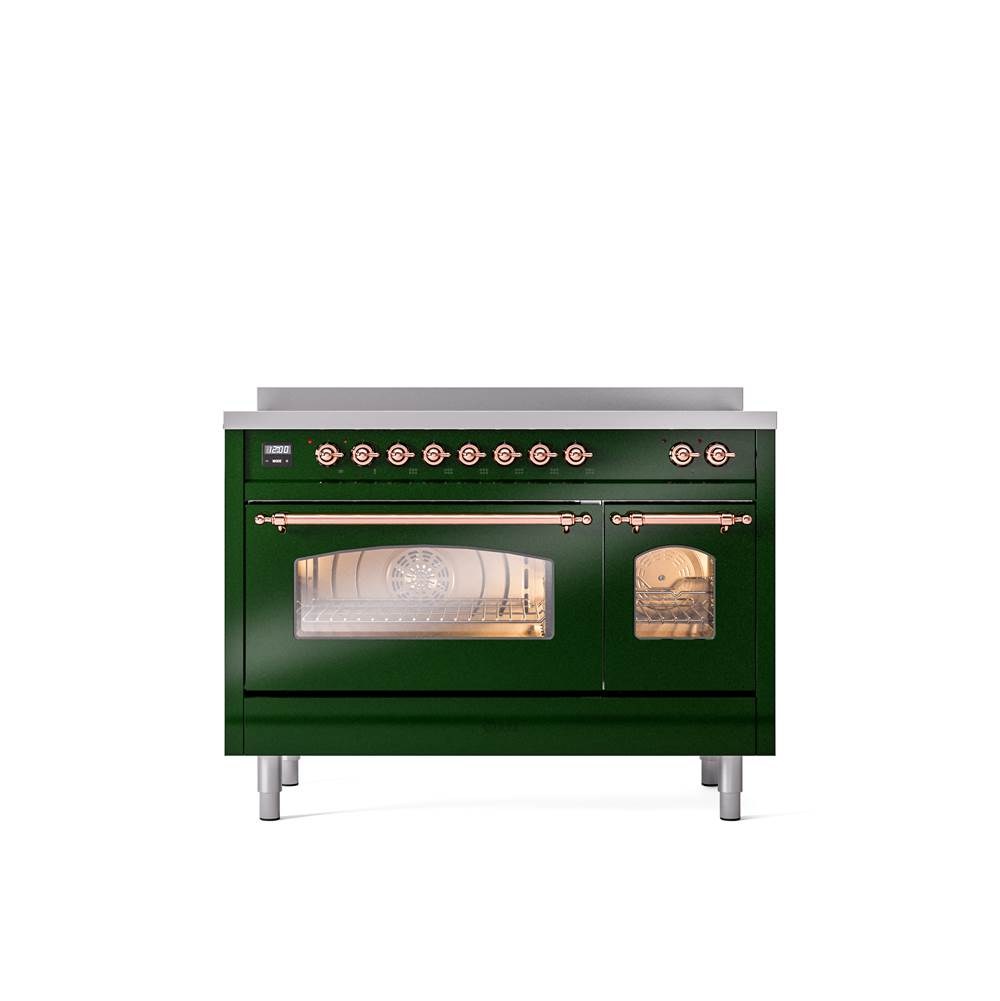 ILVE - 48'' Nostalgie II Series Freestanding Electric Induction Range - Double Oven - Emerald Green - Copper trim - Copper