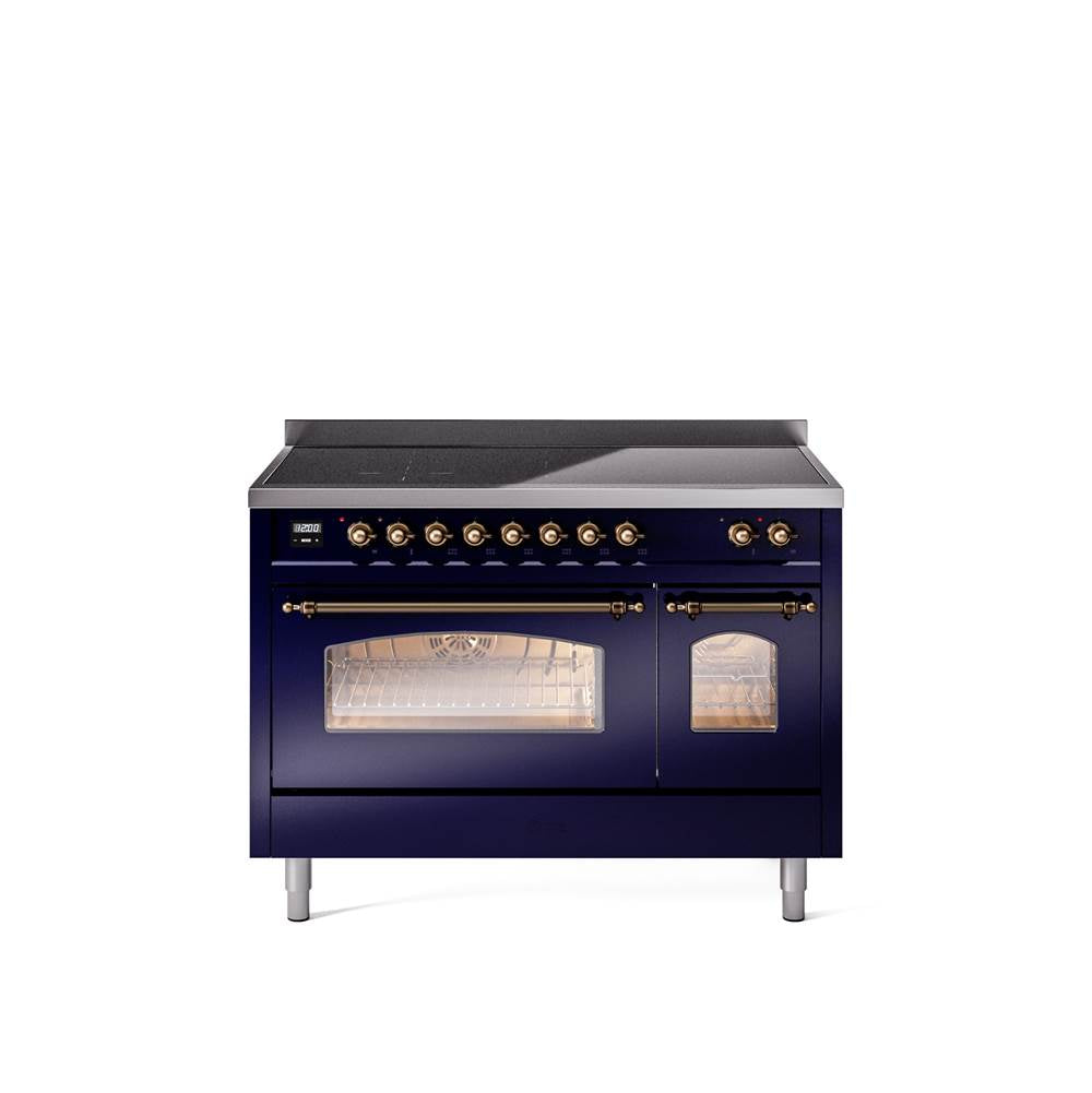 48'' Nostalgie II Series Freestanding Electric Induction Range - Double Oven - Midnight Blue - Bronze trim