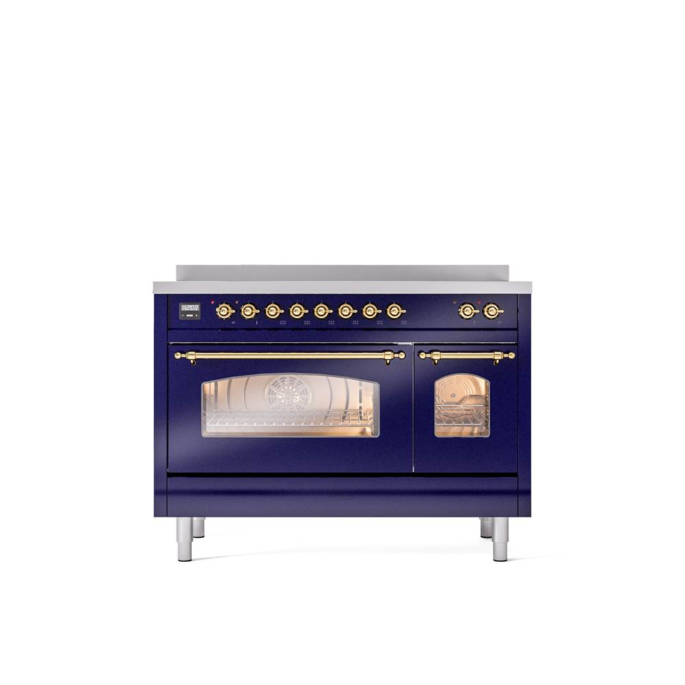 ILVE - 48'' Nostalgie II Series Freestanding Electric Induction Range - Double Oven - Blue Grey - Brass trim - Brass