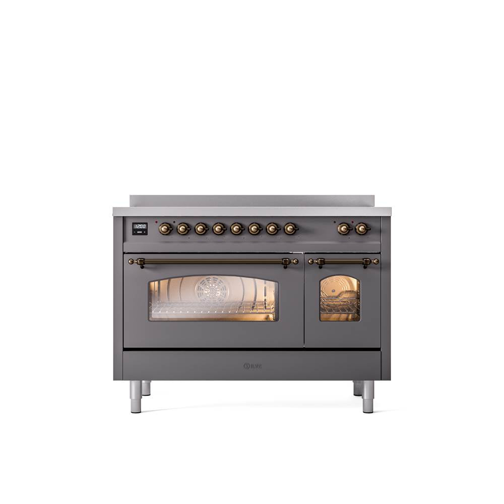 ILVE - 48'' Nostalgie II Series Freestanding Electric Induction Range - Double Oven - Matte Graphite - Bronze trim - Bronze