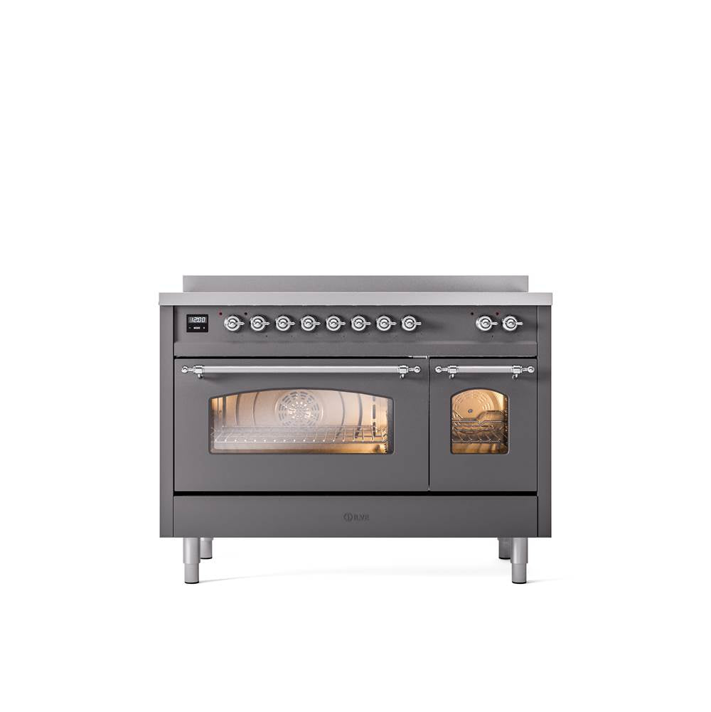 ILVE - 48'' Nostalgie II Series Freestanding Electric Induction Range - Double Oven - Matte Graphite - Chrome trim - Chrome