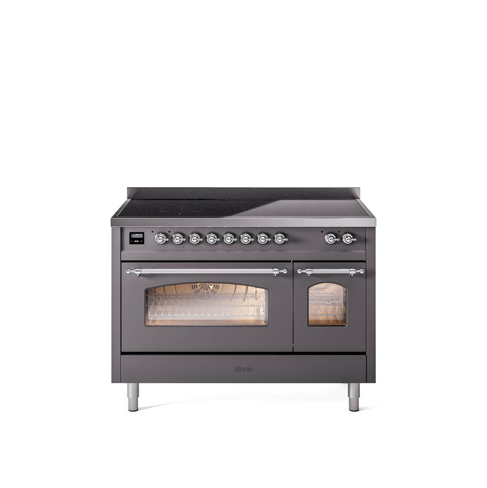 48'' Nostalgie II Series Freestanding Electric Induction Range - Double Oven - Matte Graphite - Bronze trim