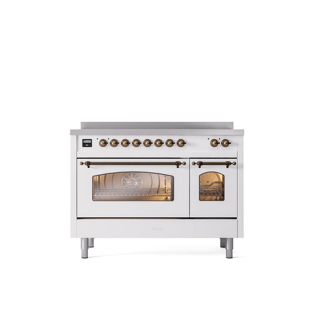 ILVE - 48'' Nostalgie II Series Freestanding Electric Induction Range - Double Oven - White - Bronze trim - Bronze