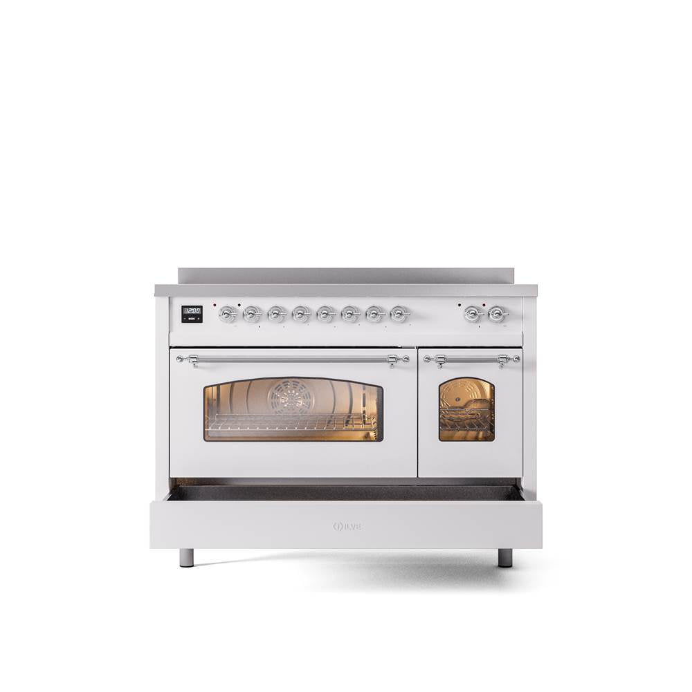 48'' Nostalgie II Series Freestanding Electric Induction Range - Double Oven - White - Bronze trim