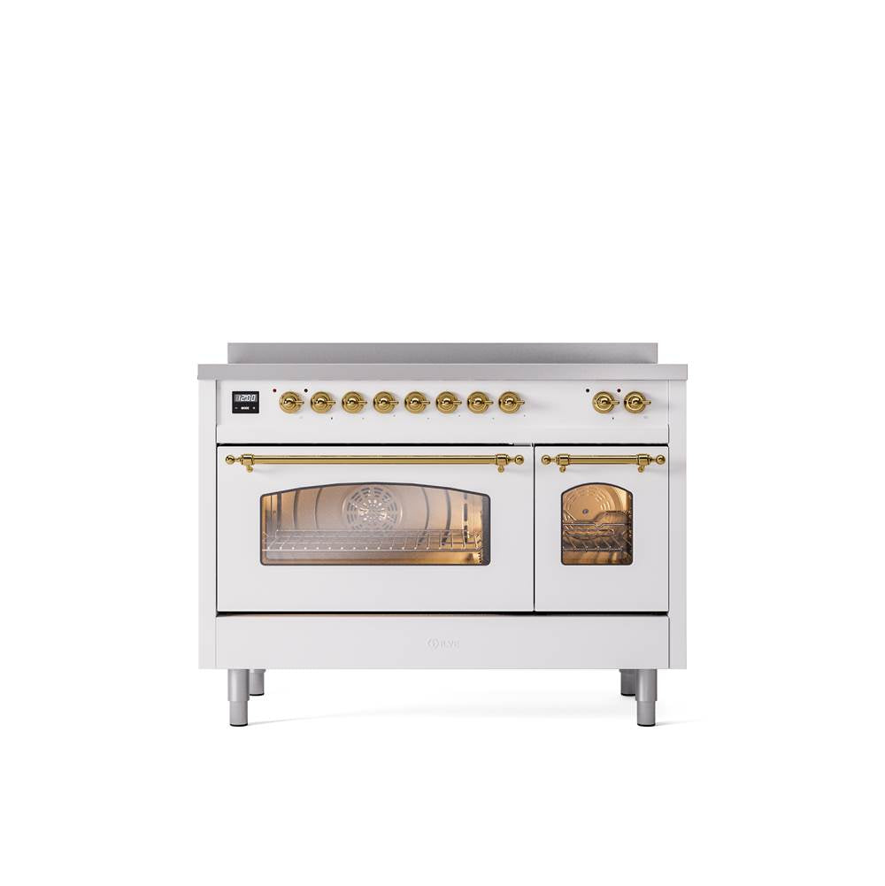 ILVE - 48'' Nostalgie II Series Freestanding Electric Induction Range - Double Oven - White - Brass trim - Brass