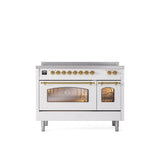 ILVE - 48'' Nostalgie II Series Freestanding Electric Induction Range - Double Oven - White - Brass trim - Brass