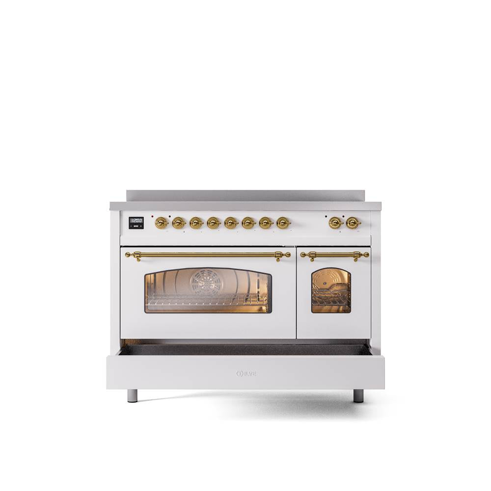 48'' Nostalgie II Series Freestanding Electric Induction Range - Double Oven - White - Bronze trim