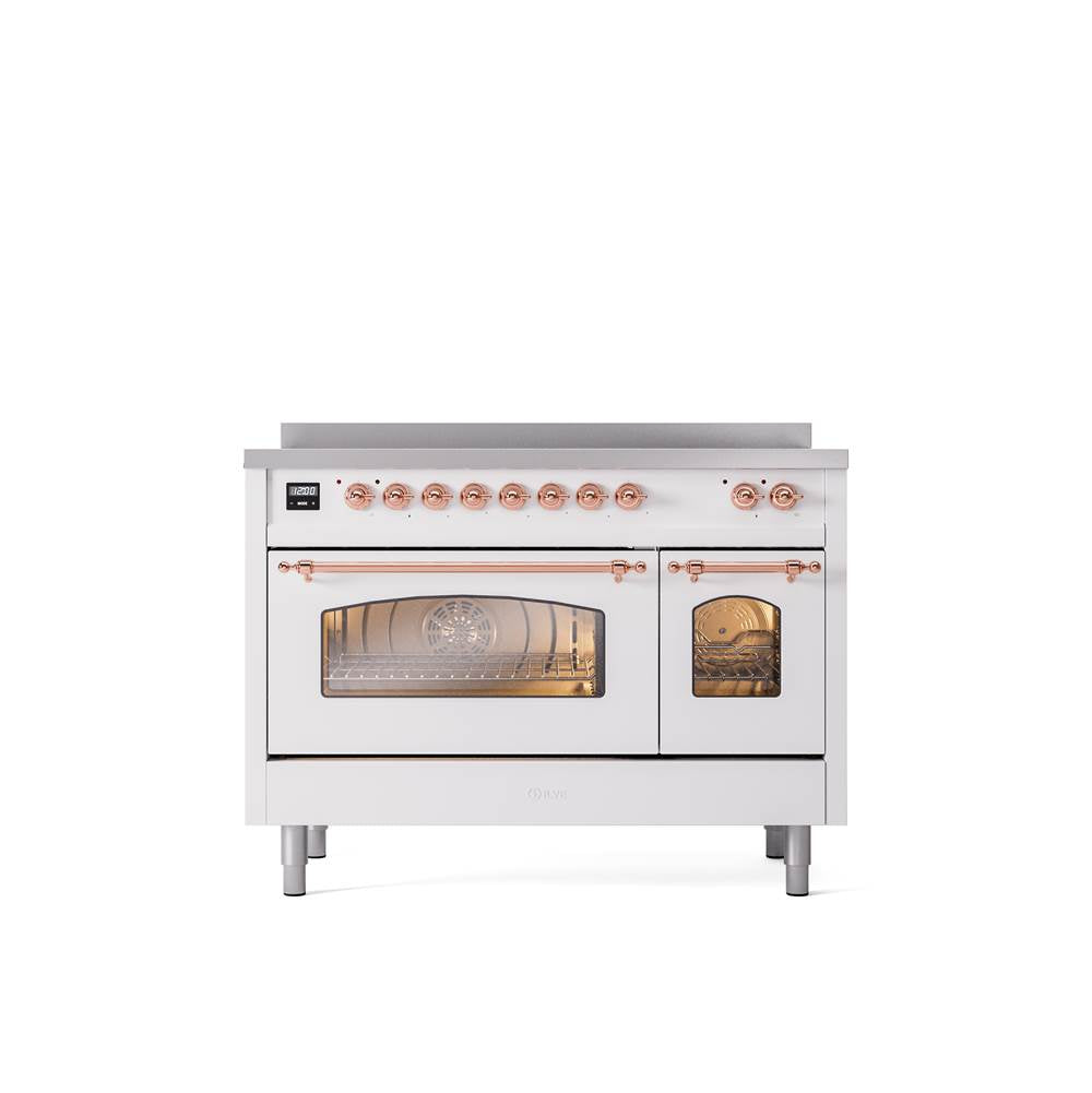 ILVE - 48'' Nostalgie II Series Freestanding Electric Induction Range - Double Oven - White - Copper trim - Copper