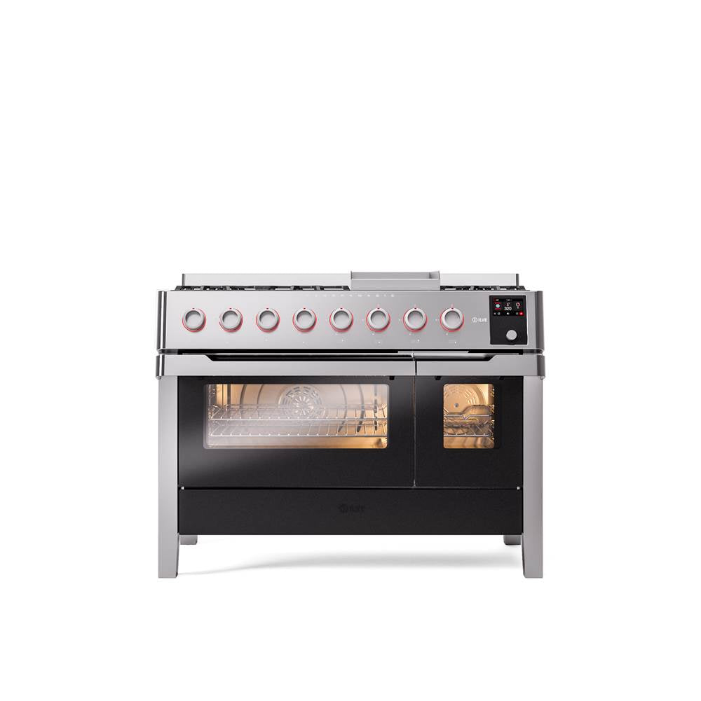 ILVE - Panoramagic 48'' Dual Fuel 8 Gas Burners w/ Griddle Double Oven - Stainless Steel- Natual Gas - Stainless Steel