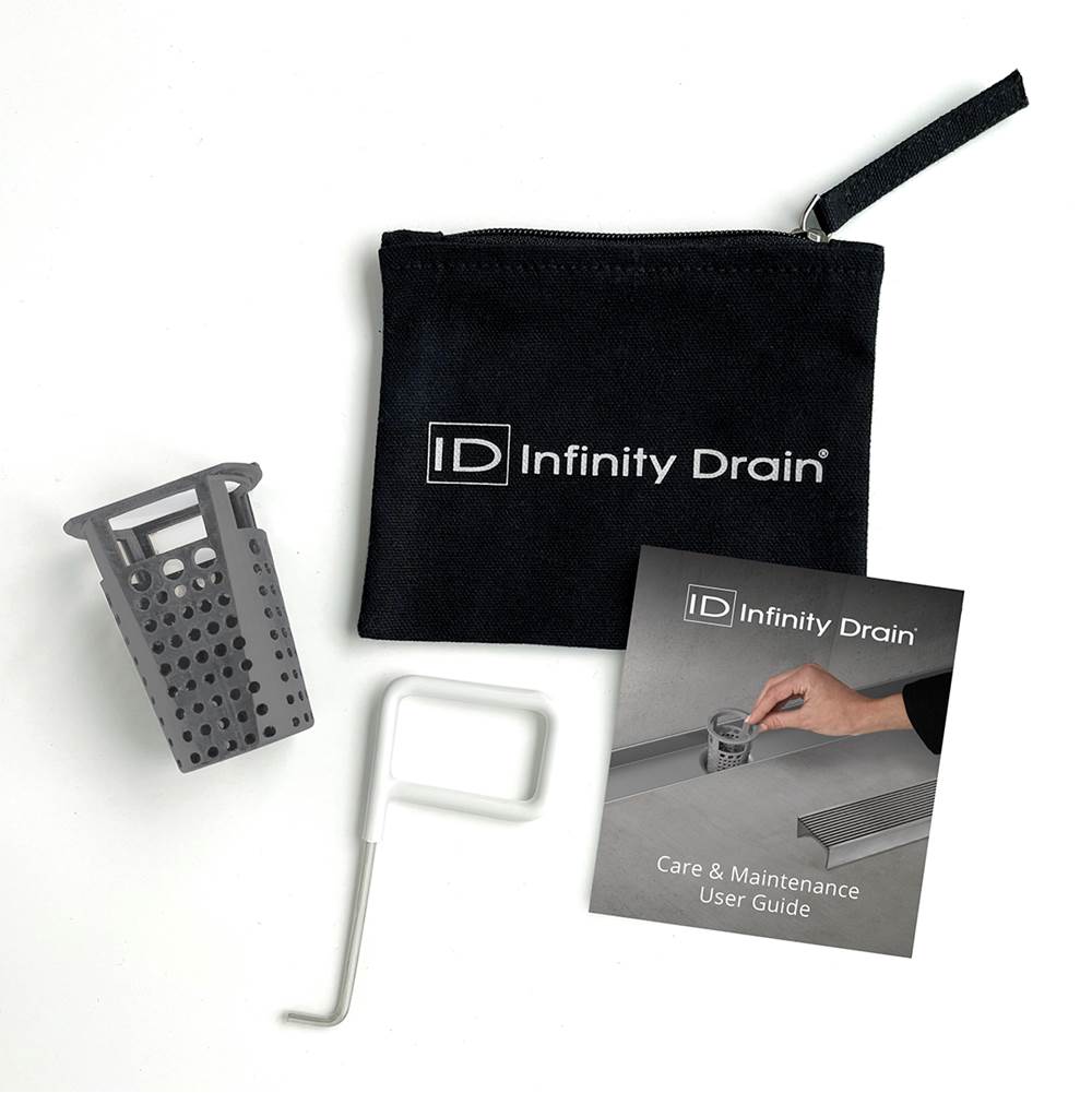 Infinity Drain - Hair Maintenance Kit. Includes maintenance guide, DKEY Lift-out key, and HB 32 Hair Basket.