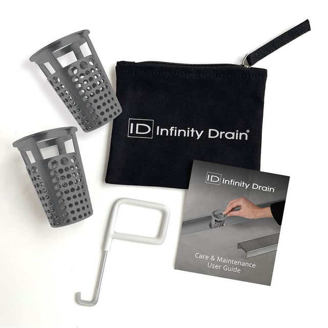 Infinity Drain - Hair Maintenance Kit. Includes maintenance guide, AKEY Lift-out key, and (2) HB 65 Hair Basket in black.