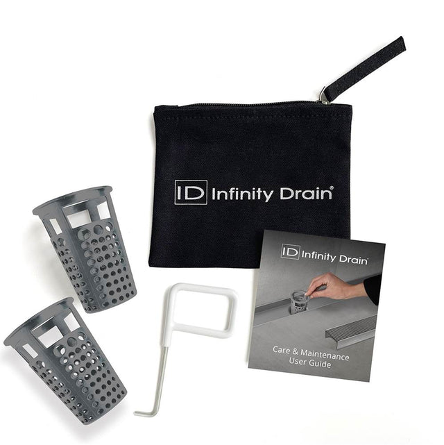 Infinity Drain - Hair Maintenance Kit. Includes maintenance guide, DKEY Lift-out key, and (2) HB 65 Hair Basket.