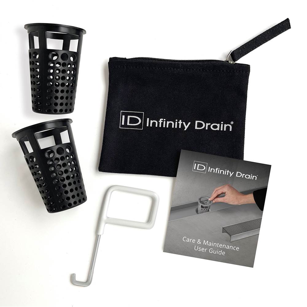 Infinity Drain - Hair Maintenance Kit. Includes maintenance guide, AKEY Lift-out key, and (2) HB 65B Hair Basket in black.